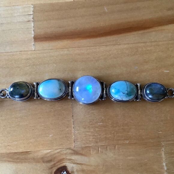 sterling SILVER VINTAGE MOON/LABRADORITE/LARIMAR STONE BRACELET - Picture 6 of 10